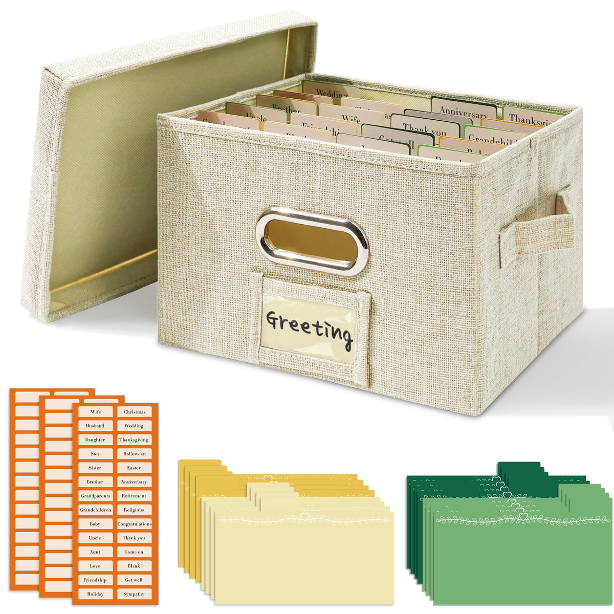 Vienrose Greeting Card Organizer 1 Pack, Storage Box with 20 Adjustable Dividers, Foldable Organizer Box Holds over 150 Cards, Storage Stickers Recipes Photos Envelopes Bills Vinyl Records, Beige