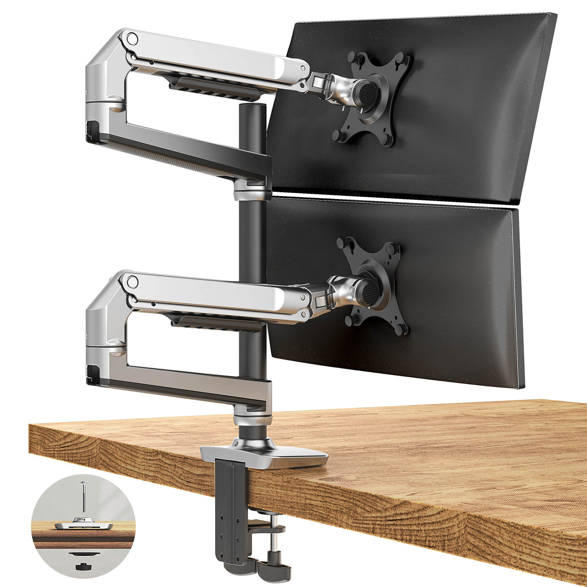 Ergounion Premium Dual Monitor Stand for Desk, High-Grade Aluminum Stacked Monitor Arm with Heavy-Duty Mechanical Spring, Adjustable Vertical Double Monitor Mount for 13-40 inch Screens, Silver