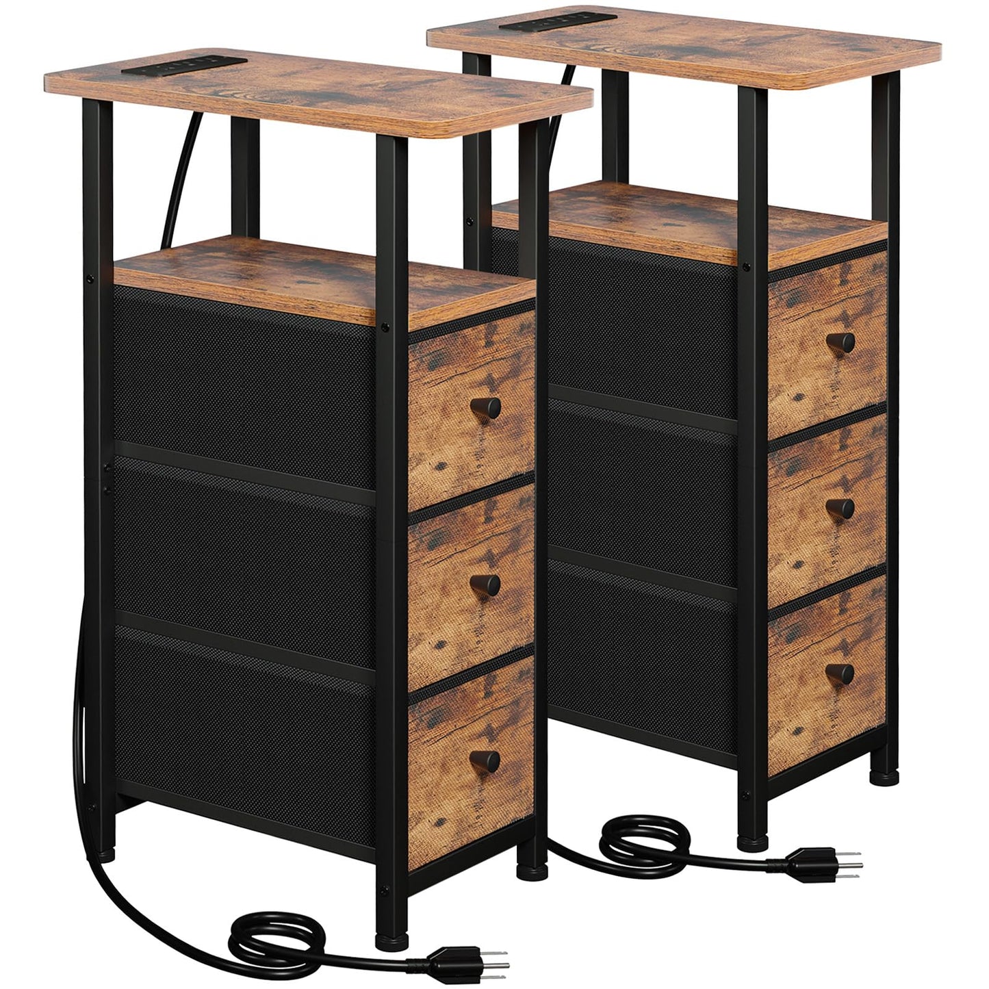 LOAKEKEL Narrow End Tables Living Room Set of 2 with Charging Station, Skinny Side Table with Fabric Drawers, Slim Nightstand for Bedroom, Small Spaces, Couch, Brown, HETNDP03BR