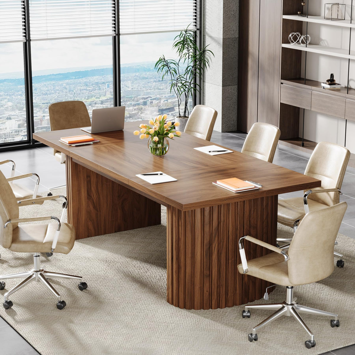 Tribesigns 78.7" Conference Table for 6-8 People, 6.56 ft Large Rectangle Meeting Table with Double Pedestal, Farmhouse Seminar Table Boardroom Desk for Office Meeting Conference Room, Walnut