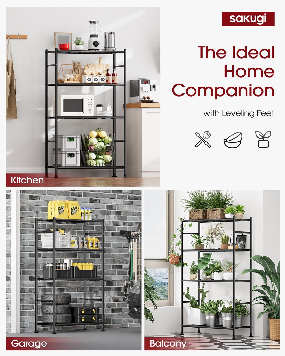 Sakugi Storage Shelves Organizer - 4 Tier Metal Shelf Organizer with Metal Wheels and Adjustable Leveling Feet, Heavy Duty Garage Shelving for Kitchen, Pantry and Closet, 33.1"x12.6"x58.9", Black
