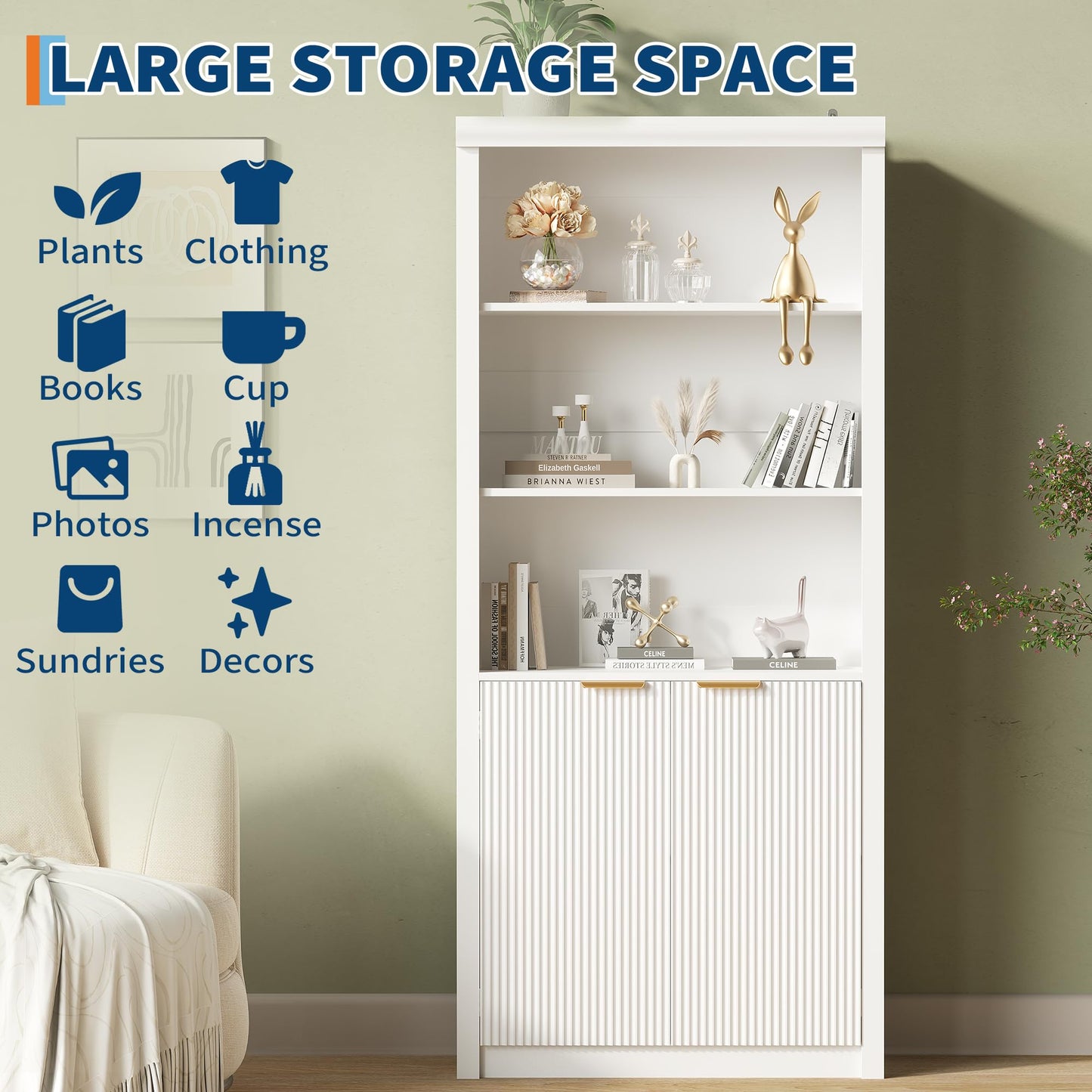 Garvee Tall Book Shelf and Bookcase, Wooden Bookcase with Doors, Modern Book Case with Large Storage Cabinet, 5-Shelf Bookcases with Adjustable top Shelve for Home Office, Living Room, 2 Set White