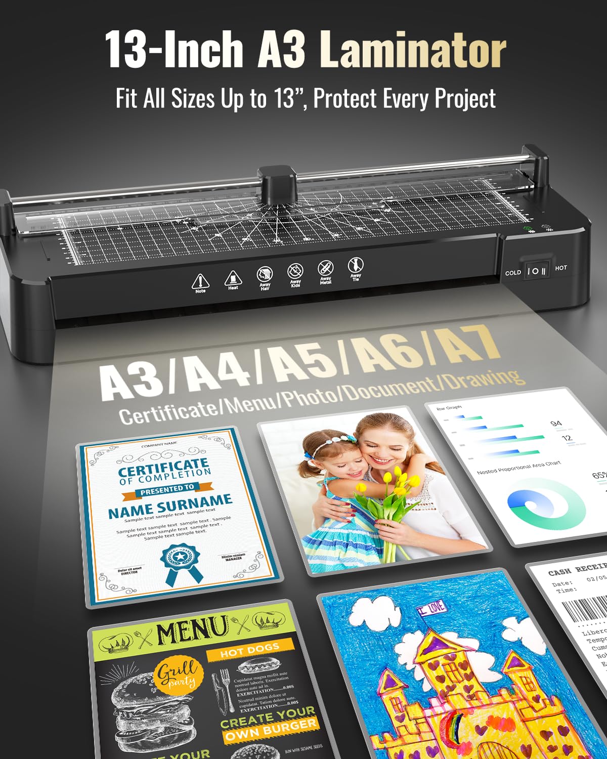 13in Laminator Machine with Sheets 50pcs + Paper Trimmer + Corner Rounder + Scale Line, 11x17 / ABS Anti-Jam |Dual Hot and Cold Mode | 90s Fast Preheat for A3/A4/A5/A6 Home Office School Use