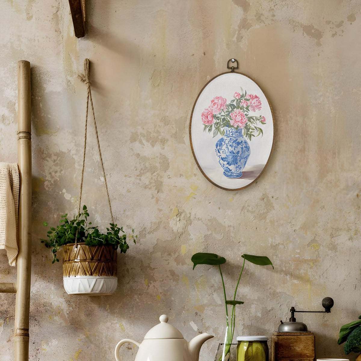 LKETW Chinoiserie Floral Oval Wall Art Decor, Blue and White Chinoiserie Porcelain Pink Flower Oval Canvas Hanging Decor, Grand Millenial Wall Decorations for Home Bedroom Office, 8.6x11.4 Inch