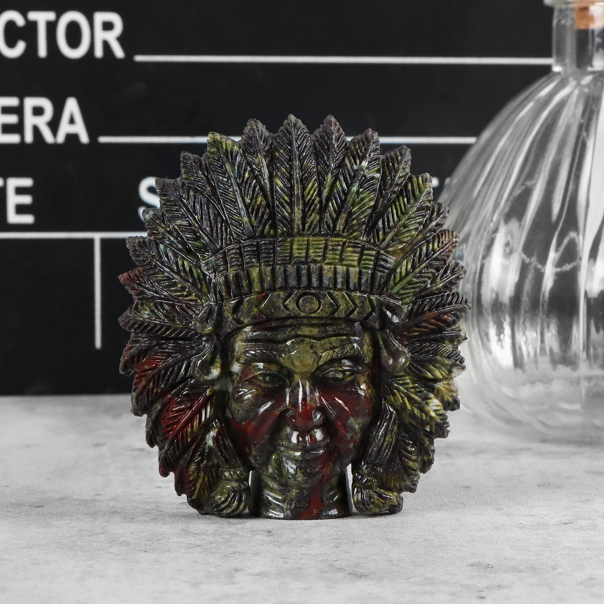 SMQ 2.5" Dragon Bloodstone Crystal Indian Head Figurines Hand Carved Gemstone Chief Bust Statue Collectable Reiki Healing Stones Ornament for Halloween, Office, Home Decor