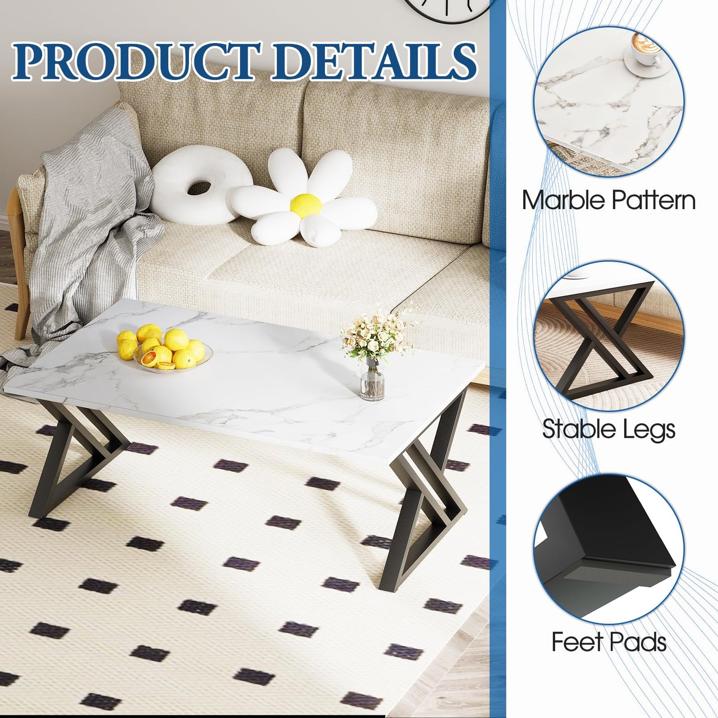 Wolawu Coffee Table White Living Room Center Table, Simple Modern Faux Marble Rectangular Tea Table with Sturdy Black Metal Frame,Industrial Wooden Coffee Table for Bedroom Home Office