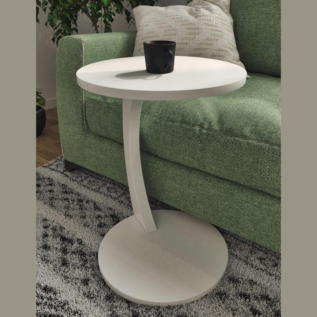 Furpinea C Shaped End Table for Couch Small Places, Space Saver Round Side Table for Sofa and Bedside with Wheel, Coffee and Eating Snack Time Tray for Living Room, Office (White)