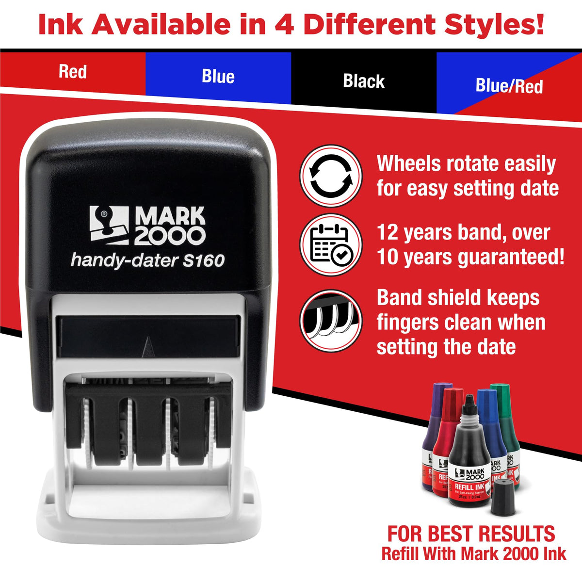 Mark 2000 Self-Inking Rubber Date Office Stamp with Scanned Phrase Blue Ink & Date RED Ink (Handy-Dater S160), 12-Year Band