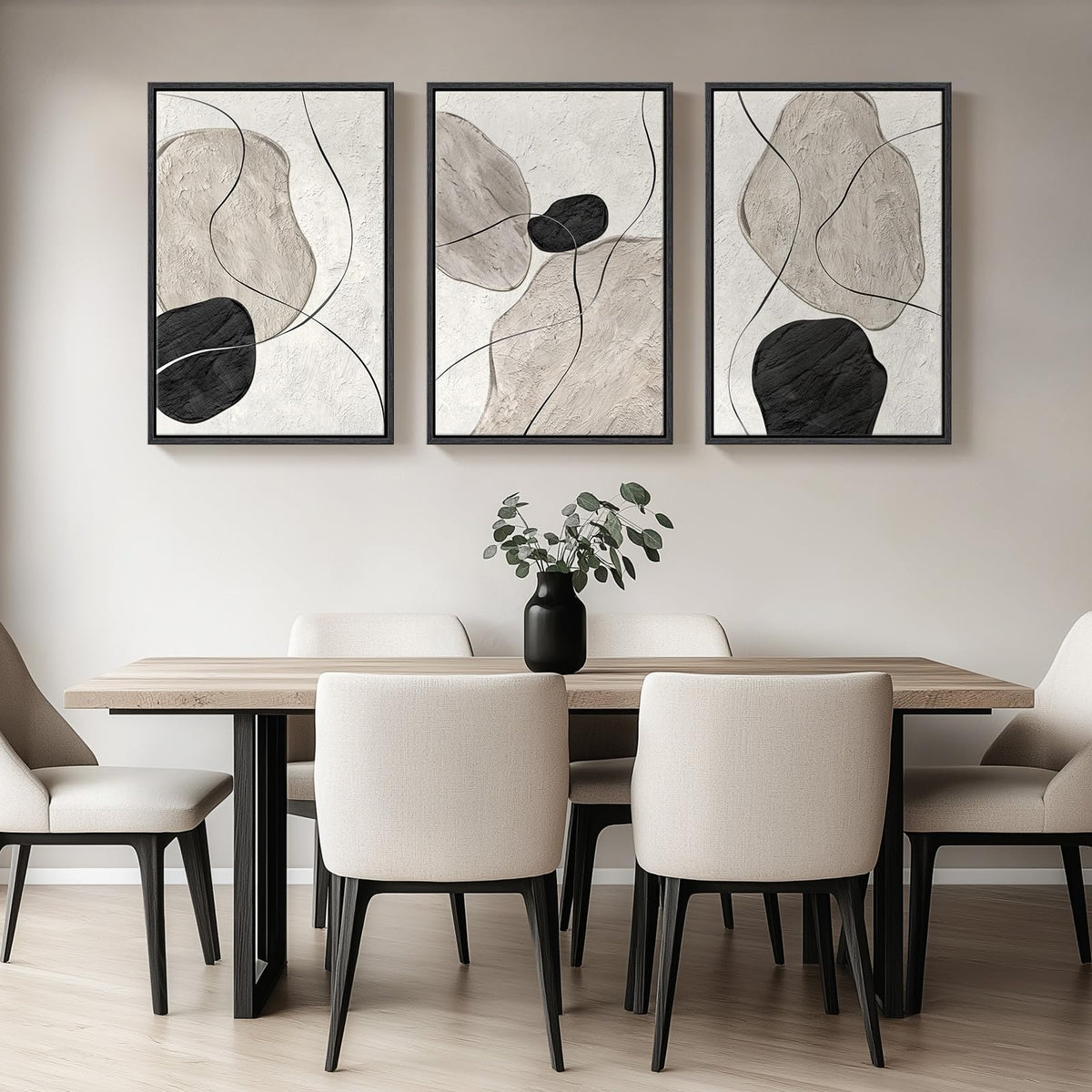 Framed Black and White Abstract Wall Art for Living Room, Large 3 Piece Neutral Minimalist Canvas Artworks, Modern Painting Prints for Dining Room Hallway Home Office Wall Decor, 24x36 In