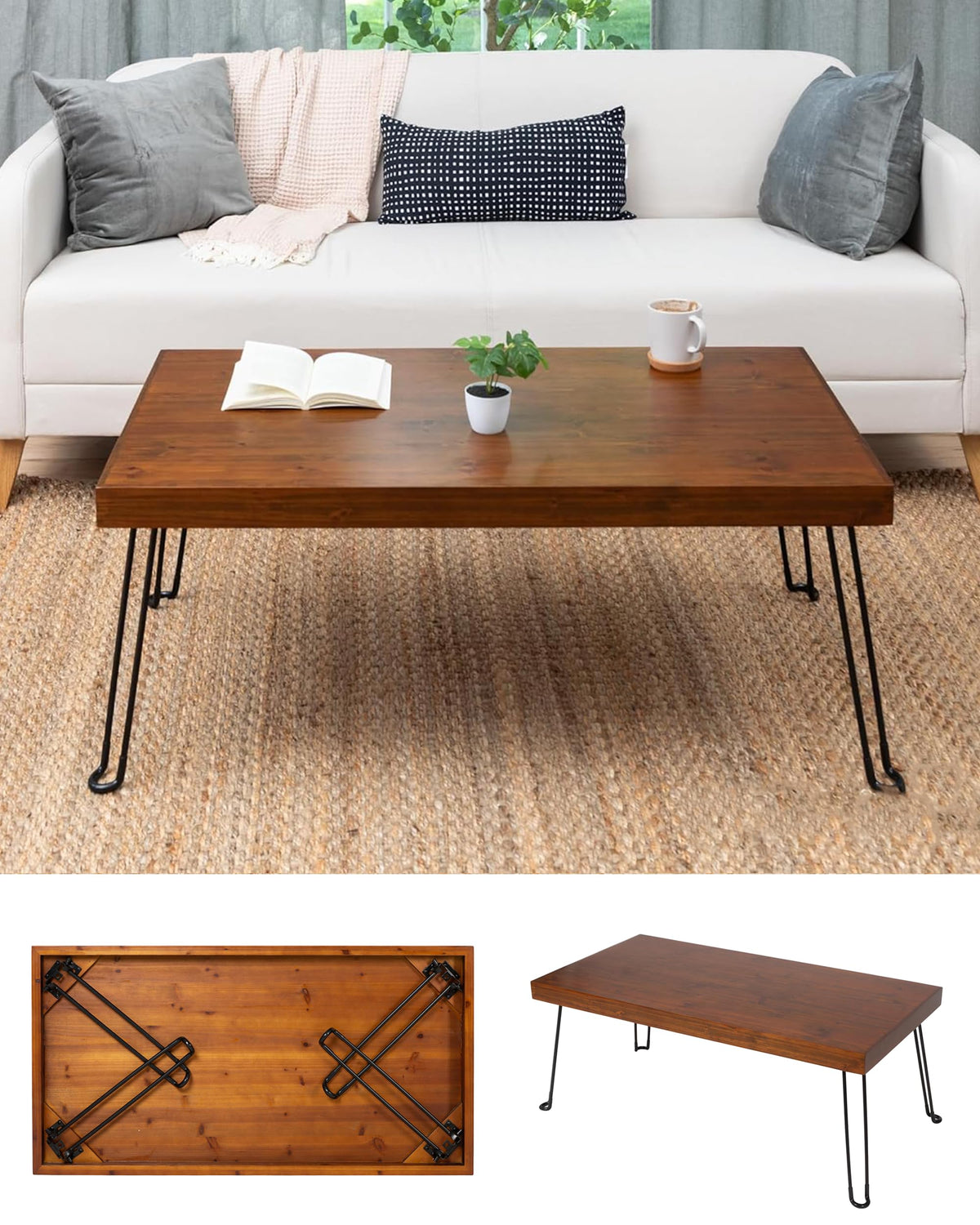 Sleekform Folding Wooden Coffee Table - Collapsible 20x40 Light Wood Mini Desk - Lightweight Foldable Coffee Table for Small Spaces - Fold Up Hairpin Legs - Walnut Wood Finish