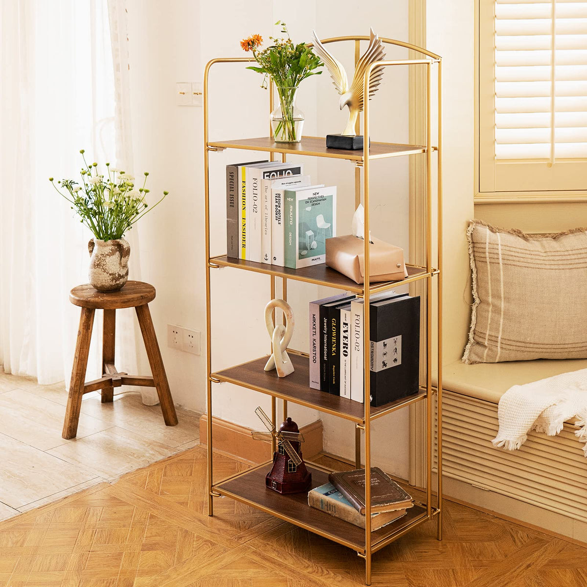 Crofy No Assembly Folding Bookshelf for Living Room, 4 Tier Gold Collapsible Book Shelf for Home Office, Portable Bookcase Storage Organizer