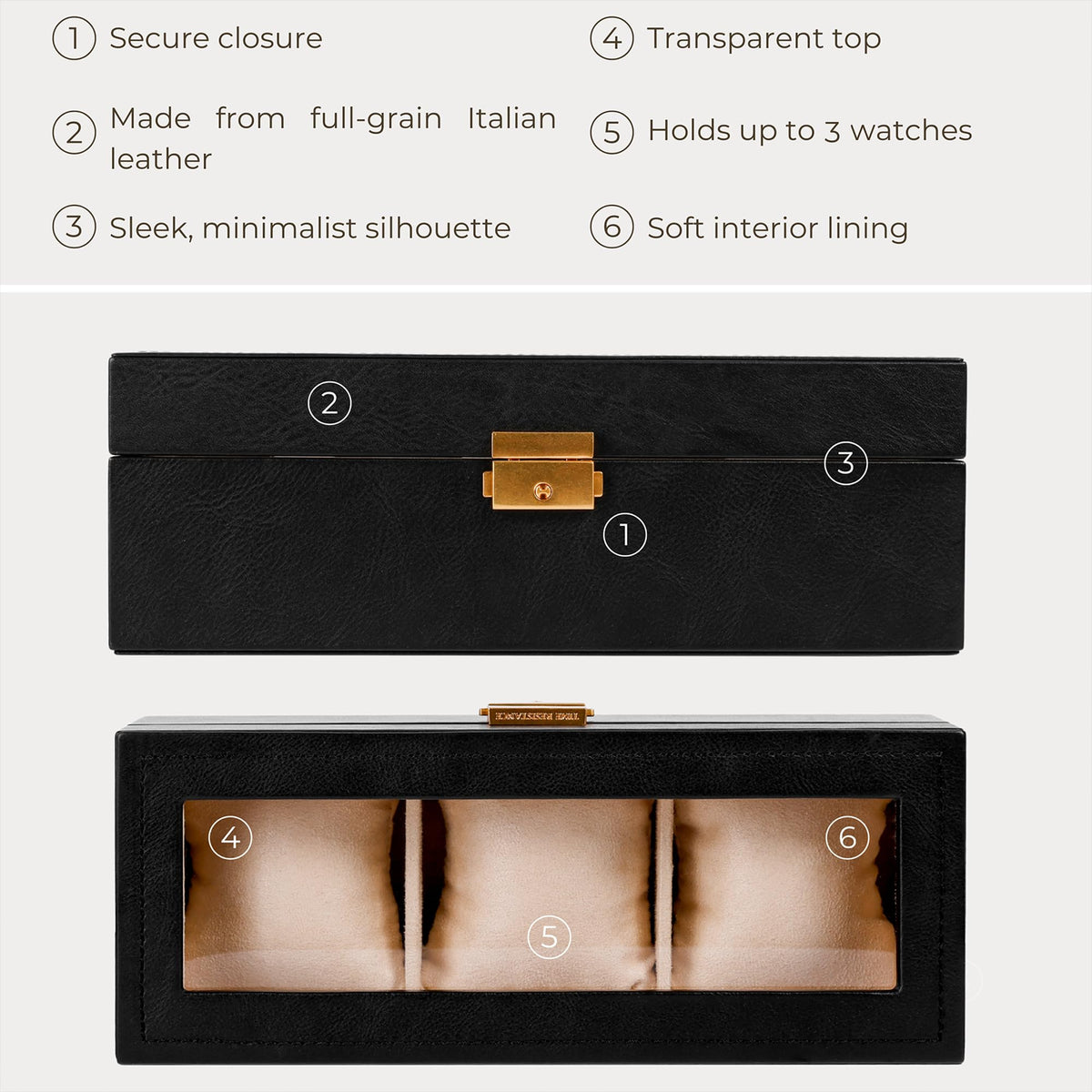 Time Resistance Leather Watch Box – 3-Slot Luxury Organizer for Men & Women – Italian Leather Watch Display Case (Black)