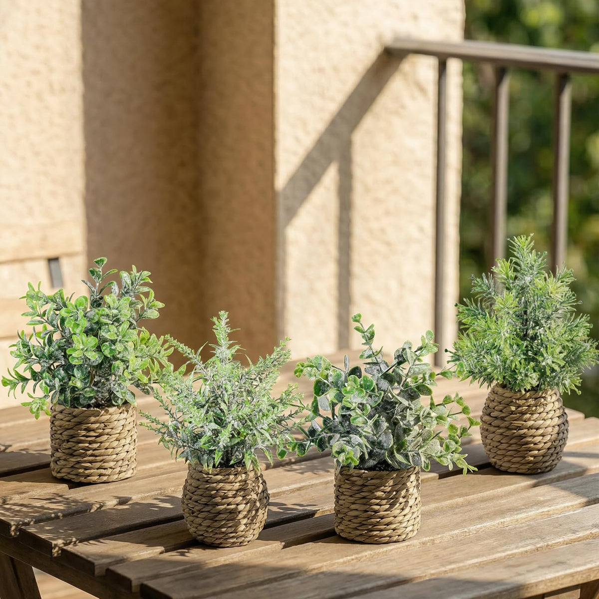 Small Fake Potted Plants: 7 Inches Artificial Plants with Seagrass Handwoven Planters, Indoor Farmhouse Spring Decorations, Eucalyptus Plant for Home Bathroom Office Shelf Tabletop Desk Room Decor