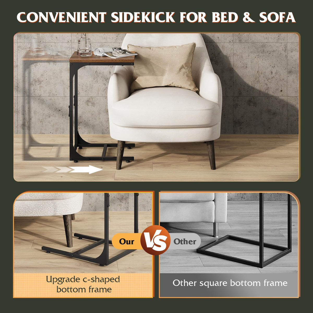 WLIVE C Shaped End Table, Small Couch Side Tables with Metal Frame that Slide Under, Sofa Table TV Tray for Living Room, Bedroom, Rustic Brown