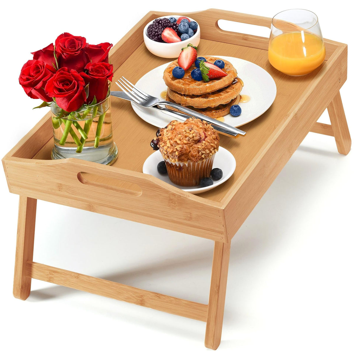 Home-It Bed Table Tray with Folding Legs - Bamboo Breakfast Tray with Handles for Bed, Sofa, Eating and Laptops, Snacking and Working