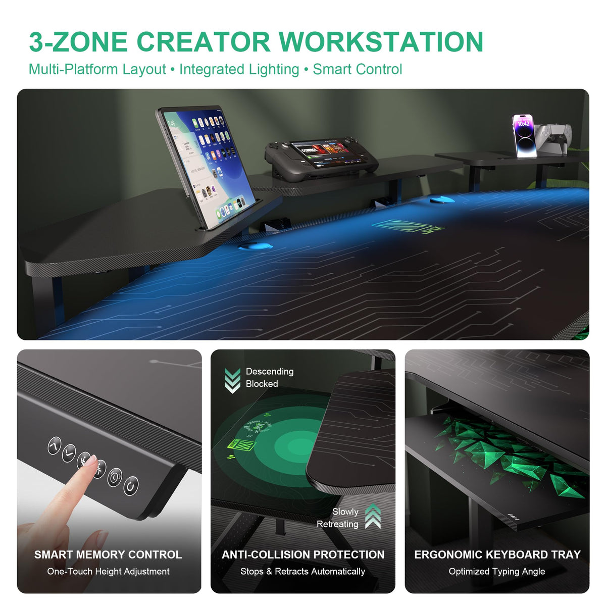 JWX 72" Height Adjustable Gaming Desk, 3-Zone Creator Workstation with Acrylic RGB Lighting, Keyboard Tray & Full Desk Mouse Pad, Dual Motor Sit Stand Desk for Streaming, Studio & Home Office