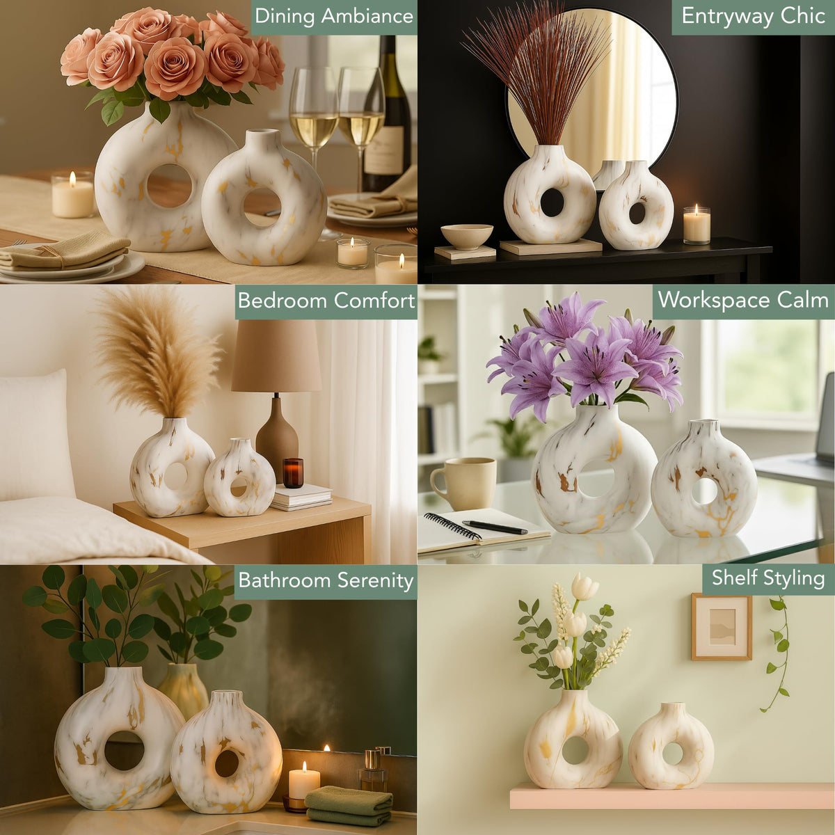 Modern Ceramic Donut Vase Set of 2 - Boho Design White and Gold Marble Pattern Vases for Flowers and Pampas - Elegant Home Decor Centerpieces for Coffee Tables - Entryways - Dining and Living Rooms