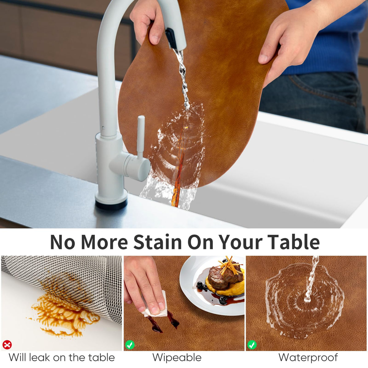 ADRIMER Placemats, Heat Resistant Oval Placemats Set of 8 Washable 12 x 17 Inch, Waterproof Table Mats, Wipeable Pu Place Mats for Kitchen, Dining Room, Turmeric Brown