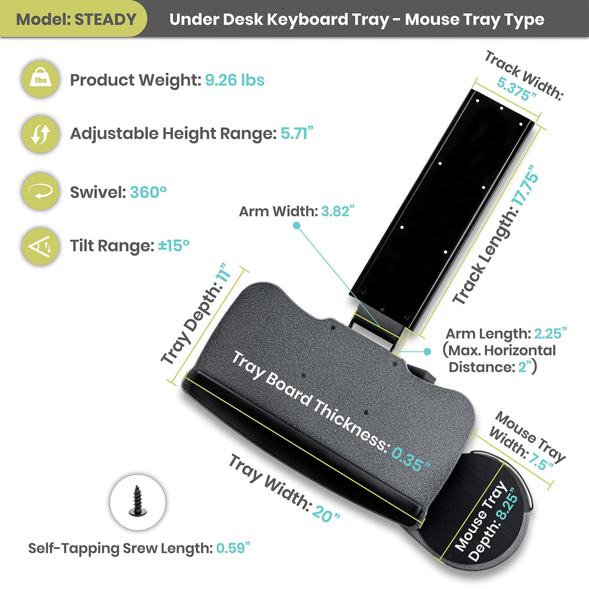 FERSGO Under Desk Keyboard Tray, 20" x 11" Tray, 17.75" Track, One Knob Control, Undermount Sliding Computer Keyboard and Mouse Tray with Wrist Rest, Swivels 360° with Adjustable Height and ±15° Tilt