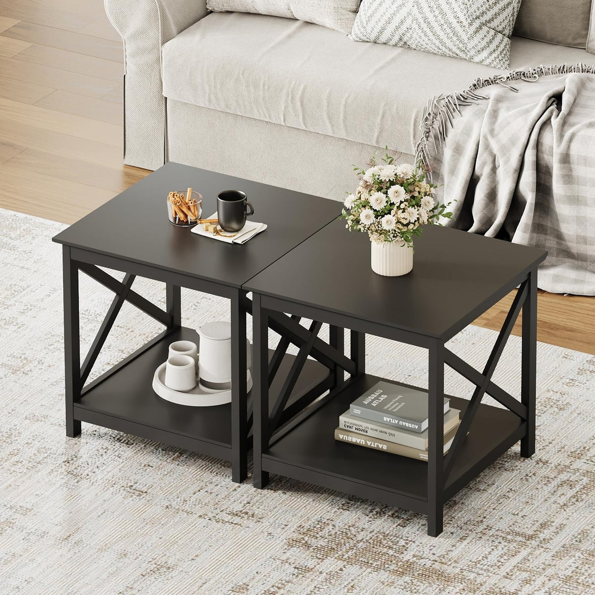 ChooChoo End Table, 24 Inch End Table with 2-Tier Storage Shelf, Side Table for Living Room, Wood Nightstand for Bedroom, Office, Painted Surface, Black