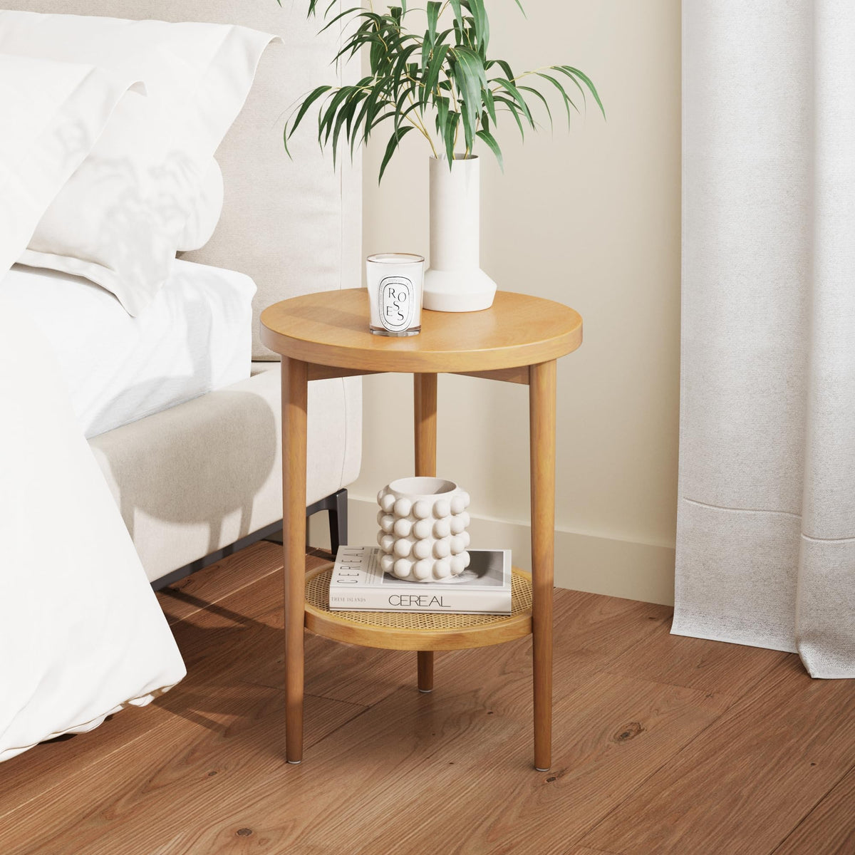 Nathan James Sonia Boho Round Accent End Table, Natural Sofa Side Table in Light Wood with Rattan Storage Shelf for Living Room, Bedroom or Nursery, Light Brown