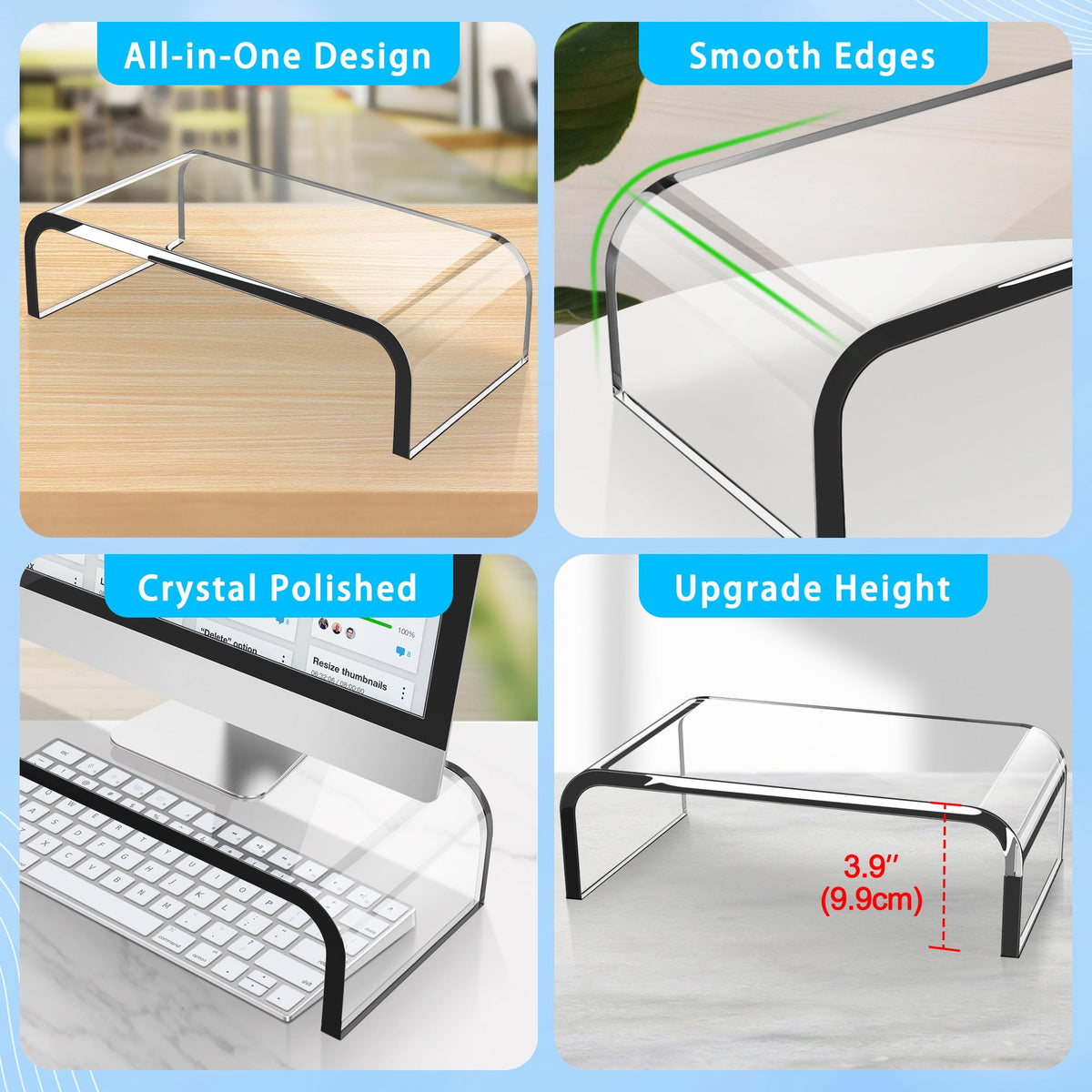 AboveTEK Acrylic Monitor Stand – Clear Monitor Riser & Computer Desk Stand, Premium Acrylic Laptop Stand for Home Office, PC TV Stand with Keyboard Storage Heavy Duty Desk Riser