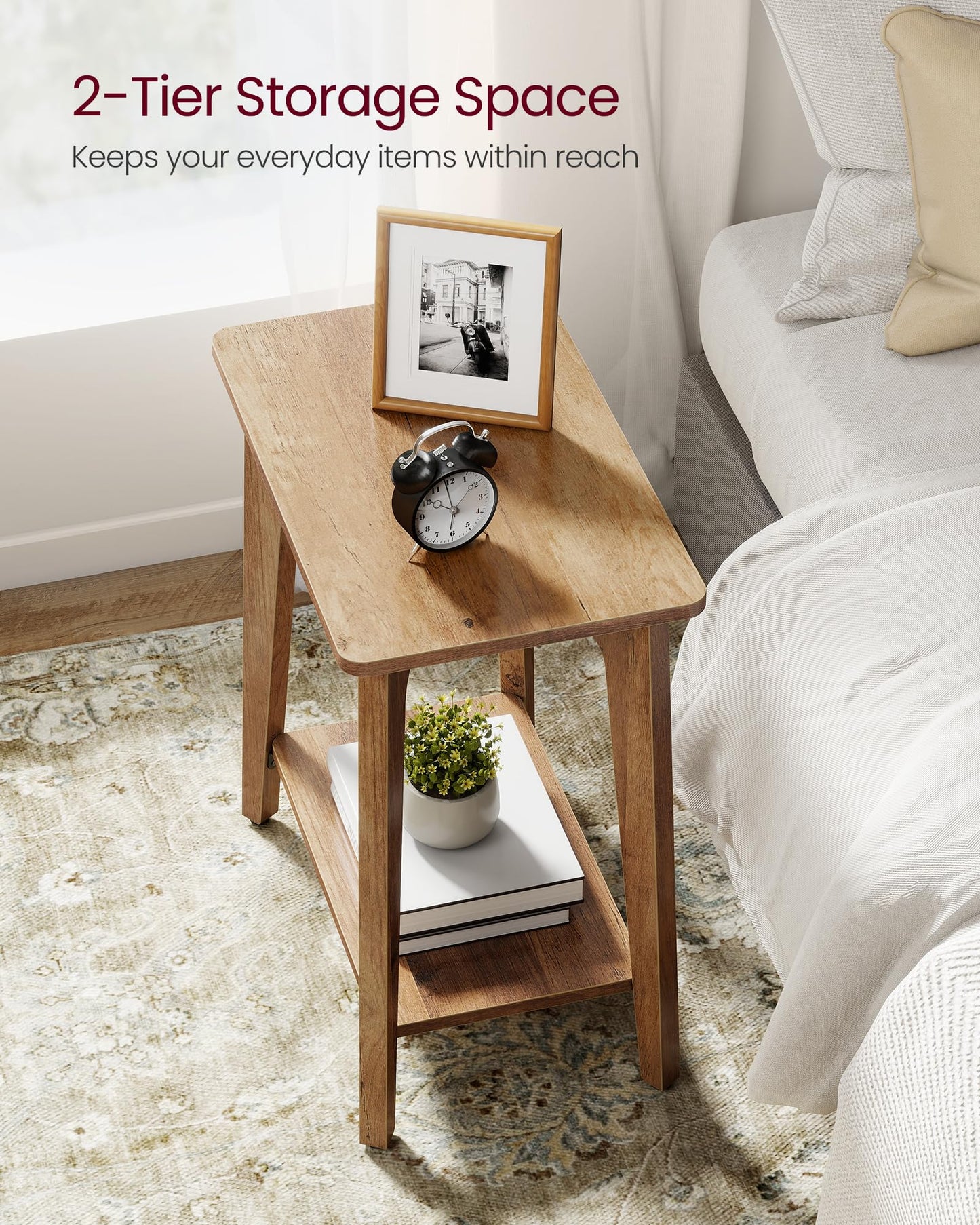VASAGLE MAEZO Collection - Side Table, 2-Tier Small Rectangular End Table, 11.8 x 18.9 x 21.8 Inches, Nightstand with Tapered Legs, Curved Transitions, for Small Spaces, Honey Brown ULET332K01