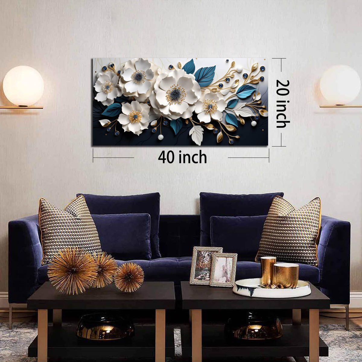 Large Canvas Wall Art for Living Room Bedroom Home Office White and Blue Floral Wall Art Botanical Picture Modern Framed Artwork Flower Canvas Prints 20x40 In