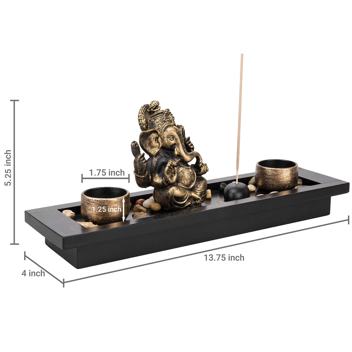 MyGift Mini Zen Garden with Ganesh Statue, Incense Stick Burner, Tealight Candle Holders, Decorative Rocks and Display Tray