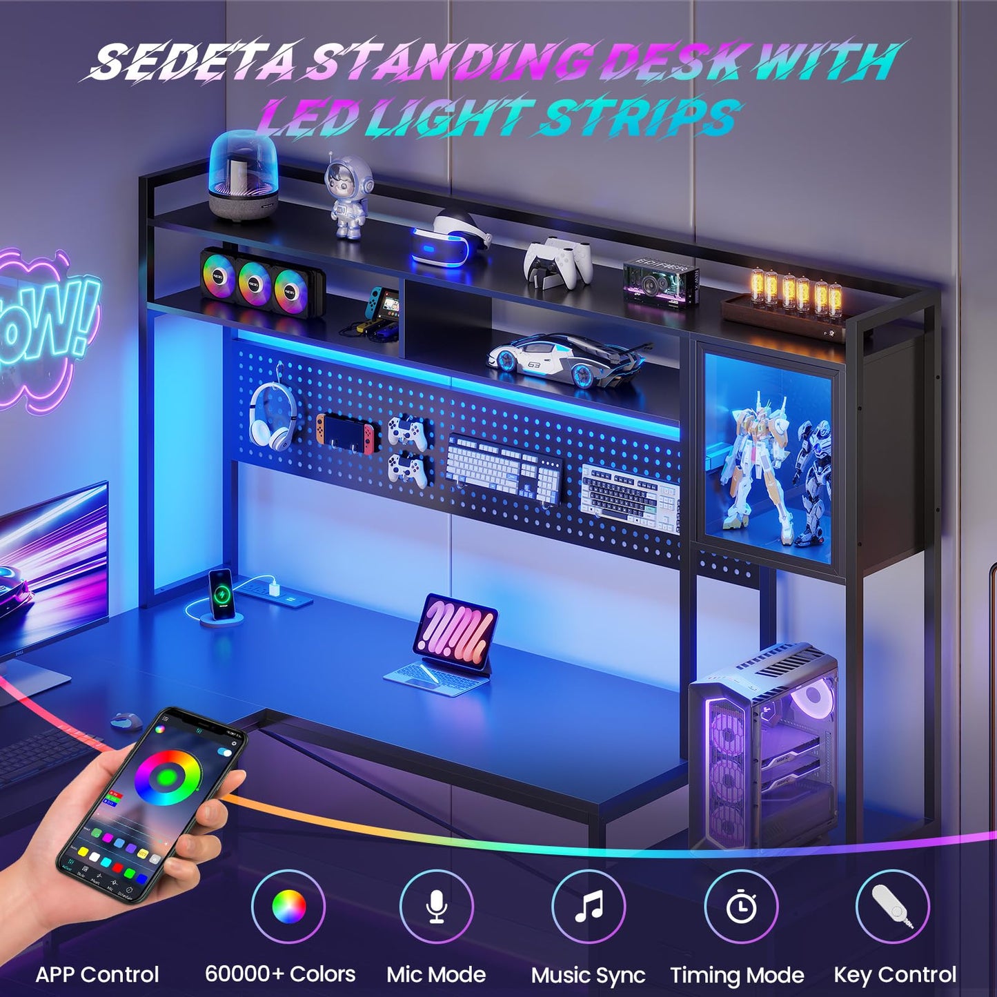 SEDETA L Shaped Gaming Desk with Drawers, Reversible Computer Corner Desk with File Drawer, Hutch, Storage Shelves for Home Office, Gaming Two Person Desk with Led Lights, Power Outlet, Black