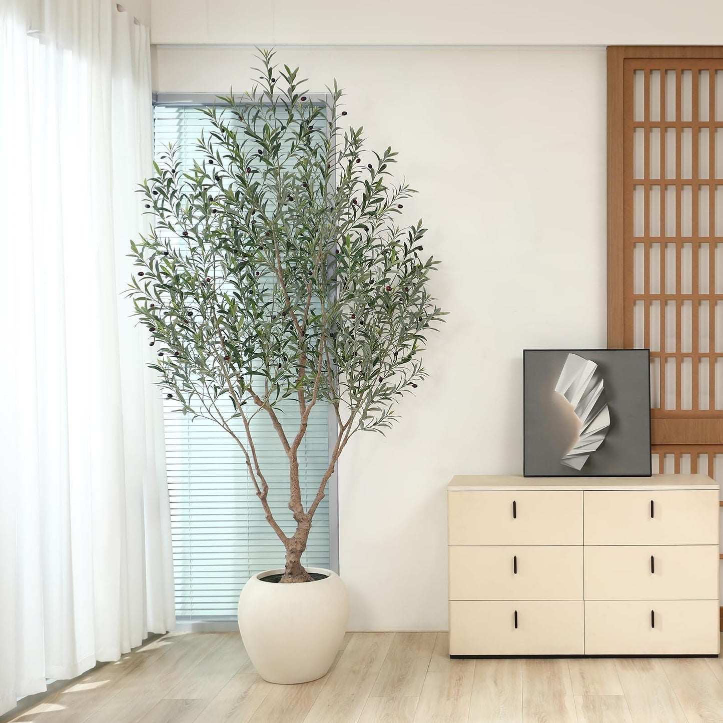 SOGUYI Olive Trees Artificial Indoor, 8 Feet Tall Faux Olive Tree with Round Artisan Planter, Premium Handmade, Realistic Trunk & Lifelike Leaves, Perfect for Large Spaces & Elegant Home/Office Decor