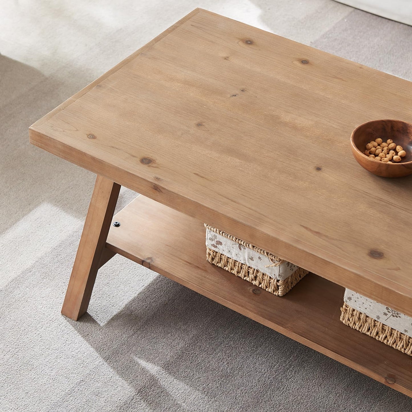 Farmhouse Coffee Table,Solid Wood Center Tables with Storage Shelves & Sturdy A-Shaped Legs, Modern Rustic 2-Tier Rectangular Table for Living Room and Office, Natural