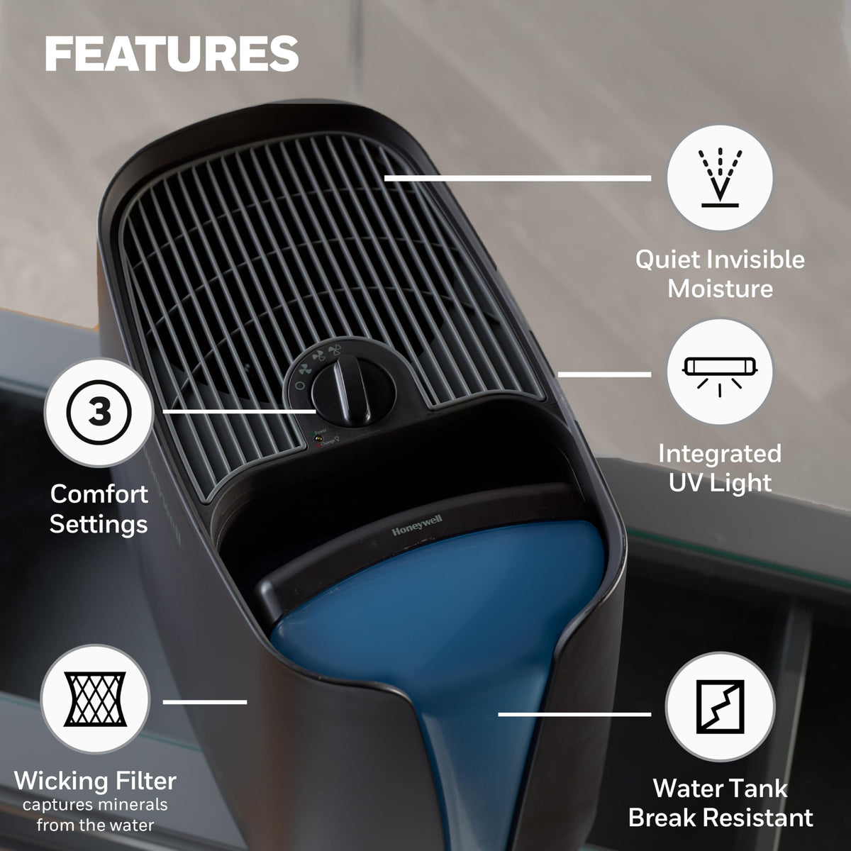 Honeywell Cool Moisture Humidifier For Bedroom, Medium Rooms, 1.1 Gallon, Invisible Moisture Humidifier for Baby, Kids, Quiet, Easy to Clean, UV Technology, Black, HCM350B