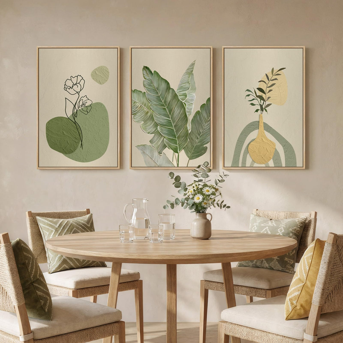 Framed Botanical Modern Wall Art for Living Room, 3 Piece Canvas Prints Boho Floral Green Picturs Wall Decor, Minimalist Neutral Sage Green Plant Wall Art for Bedroom Dining Room Office 16x24