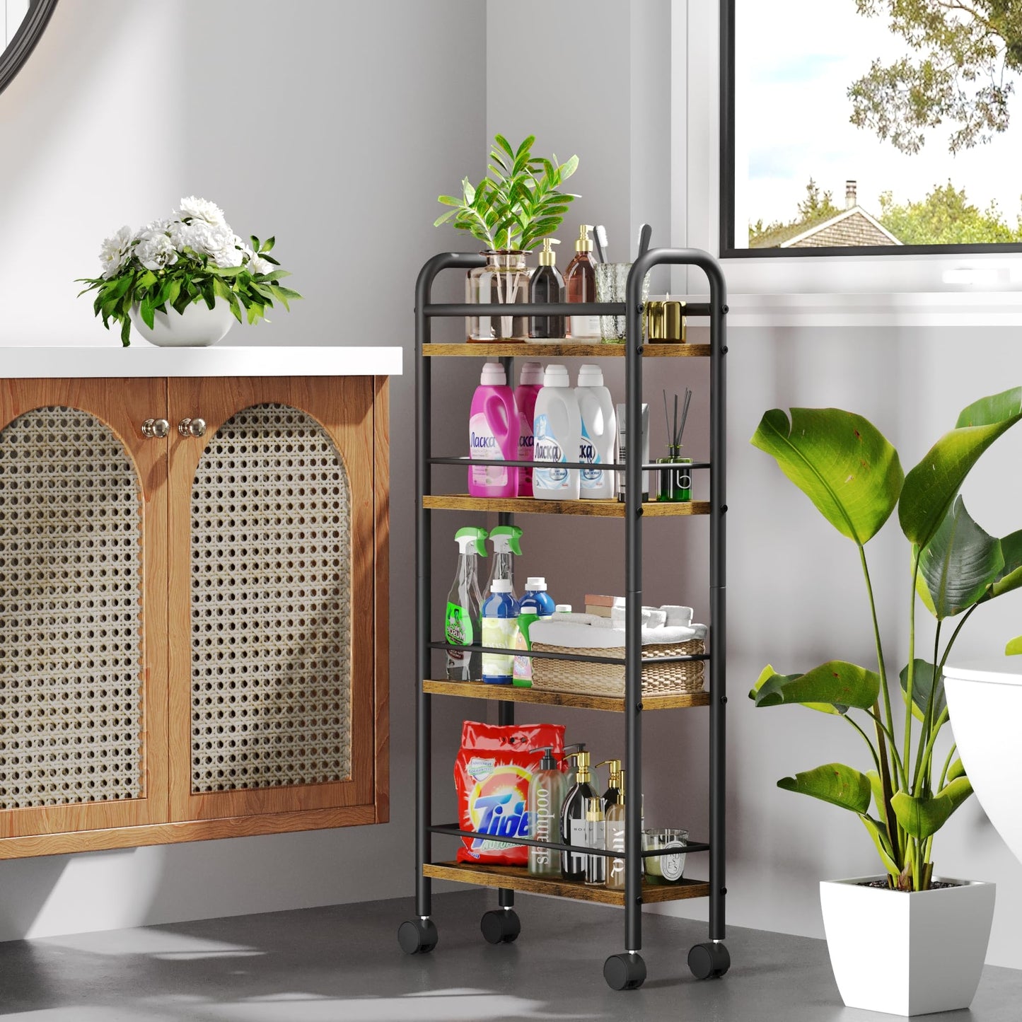Asgolion Slim Storage Cart, 4-Tier Small Rolling Cart with Wheels, 5.9" Deep, Narrow Bathroom Shelf Trolley for Kitchen, Bathroom, Laundry Room, Rustic Brown Standard 4-Tier (5.9" W x 33.6" H)