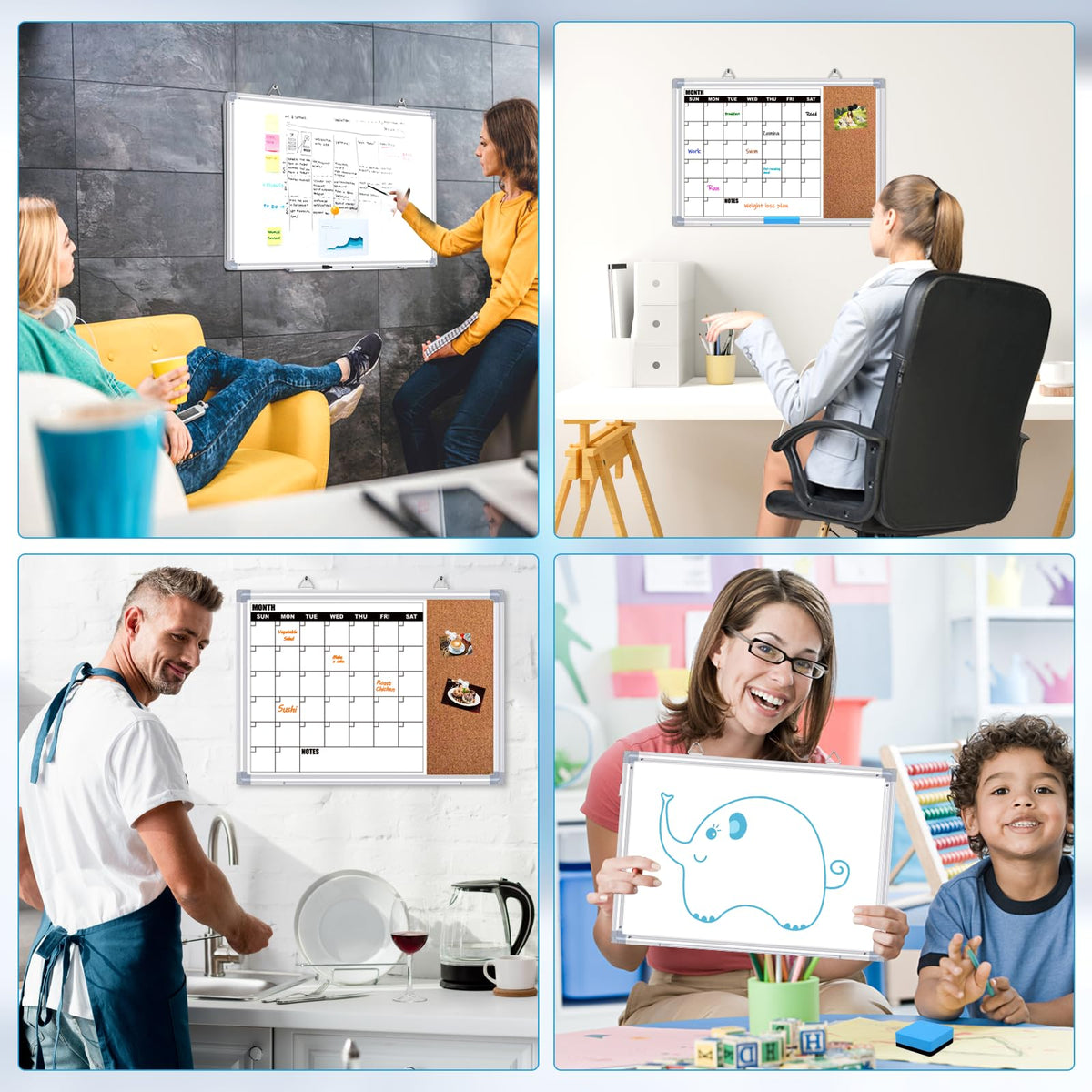 YUYIUS Calendar Whiteboard for Wall, 16" x 12" Double Sided Monthly Dry Erase Board Calendar for Office, Home, School, Hanging Cork Board White Board Combo, Portable Magnetic Dry Erase Planner Board