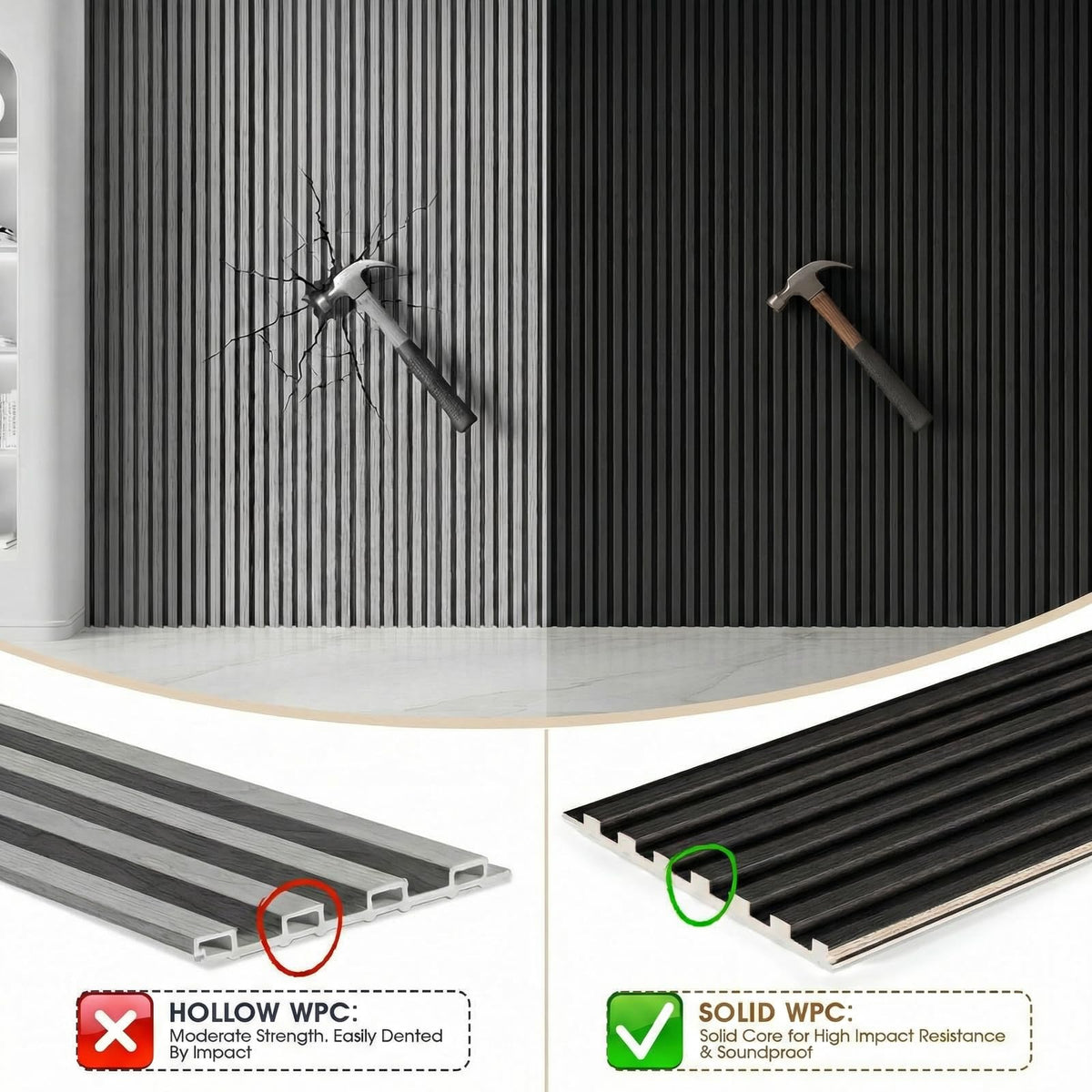 LARWORKS WPC Acoustic Slat Wall Panels 8-Pack 96'' x 6'', Accent 3D Wall Panel for Interior Wall Decor, Waterproof Fluted Textured Panel Wall Slats,Solid Black (Cover Approx.32 sq.ft)