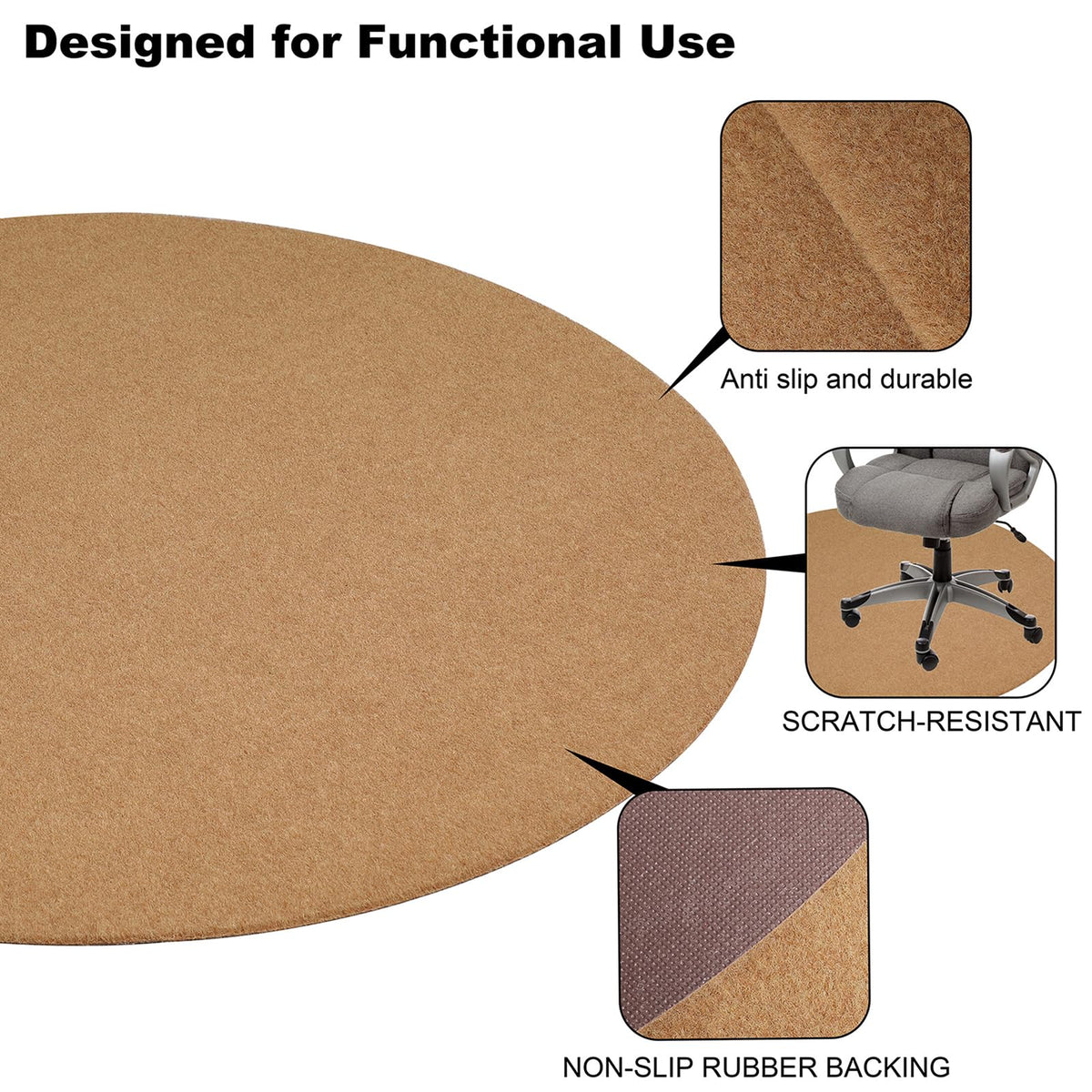 Office Chair Mat for Low Flat Pile Carpet/Hardwood Floor, Round 39"x39" Non-Slip & Noise Reducing Carpet Floor Protector Mat (Coffee Brown)