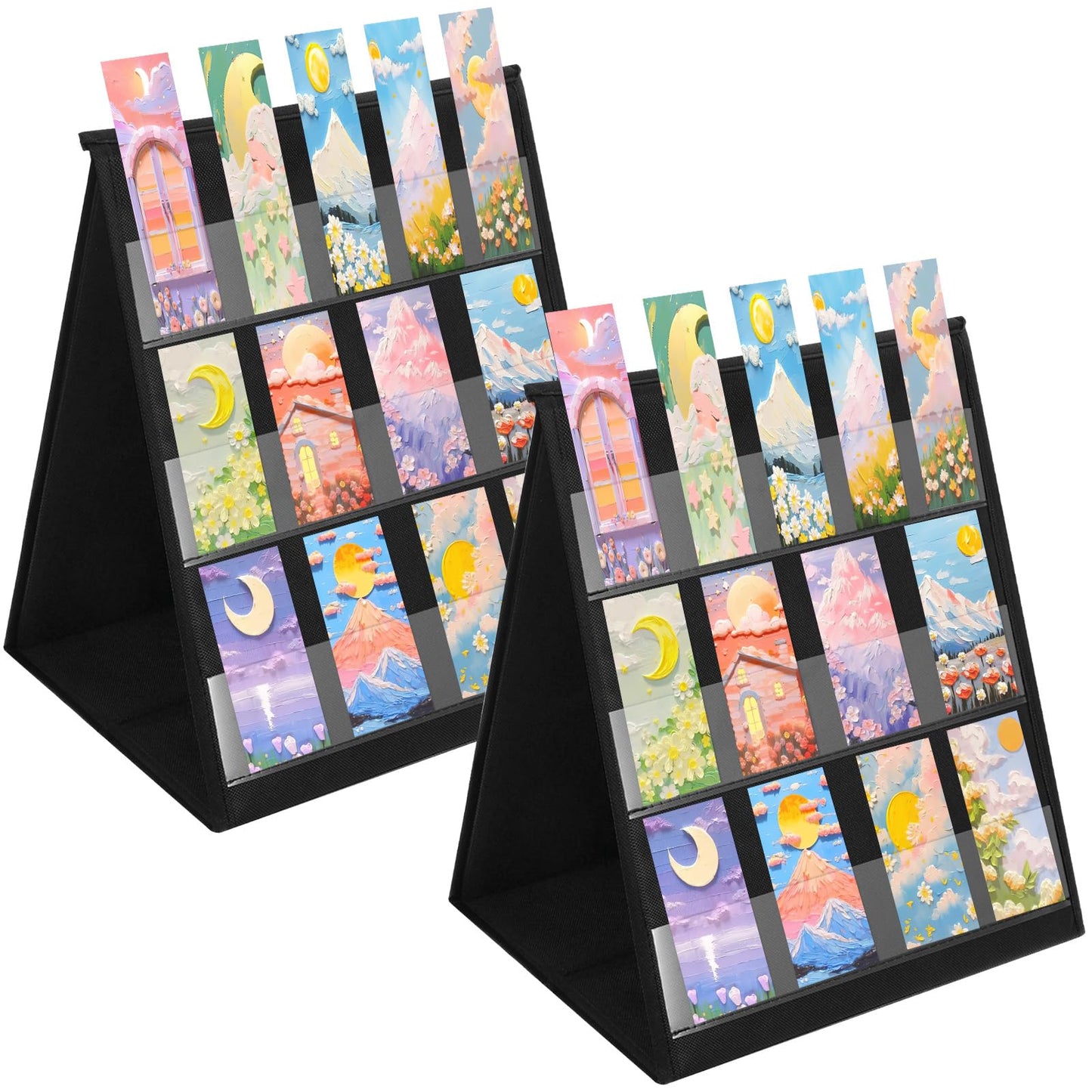 HFYZZ 2 Pack 3 Layers Double Sided Bookmark Display Stand, Portable Assembless Bookmark Holder for Vendor Events, Tabletop Pocket Chart for Business Vendor, Retail Store Shop, Classroom, Black