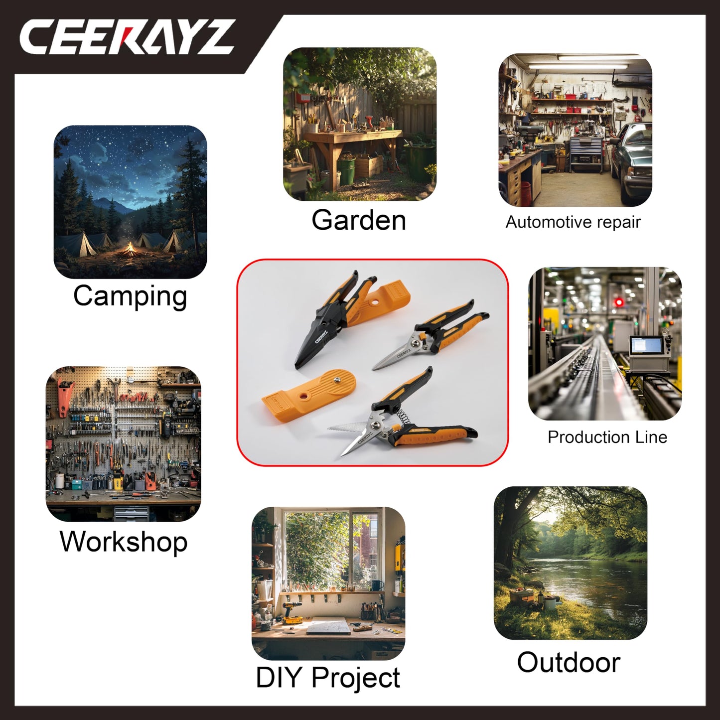CEERAYZ 8" Scissors All Purpose, Heavy Duty, Multipurpose, for DIY Projects, Office, Production Lines, Pruning, with Protective Sheath and Magnetic Holder (Black)