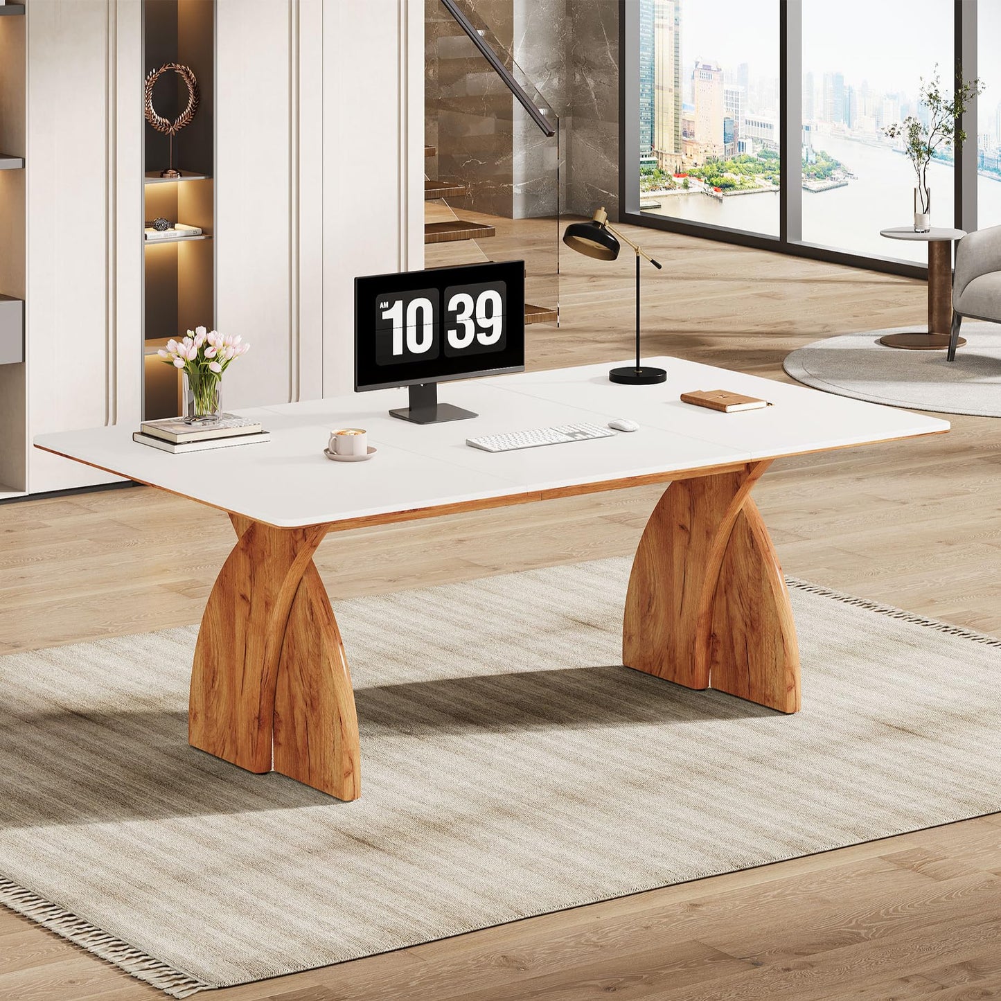 Tribesigns 63-Inch Executive Desk, Large Office Computer Desk with Heavy Duty Legs, Simple Laptop Desk Study Writing Table Business Furniture for Home Office (White and Brown)