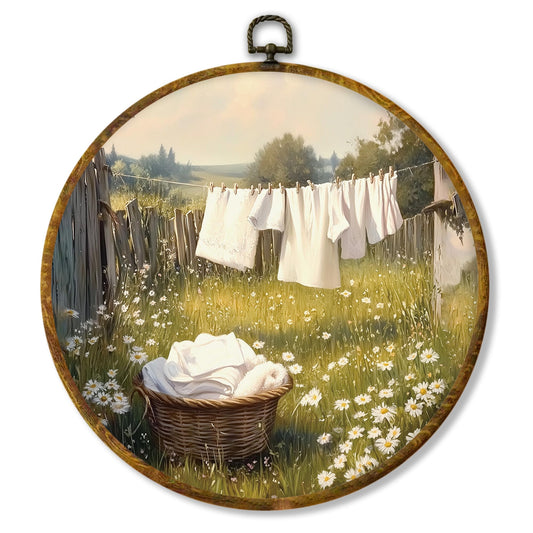 Hiuwevt Farmhouse Rural Laundry Round Wall Art Decor, Sunny Daisy Flower Field Hanging Canvas Prints Artwork Framed, Bright Cottagecore Rustic Life Circular Wall Decor for Home Cabin, 10x10 Inch