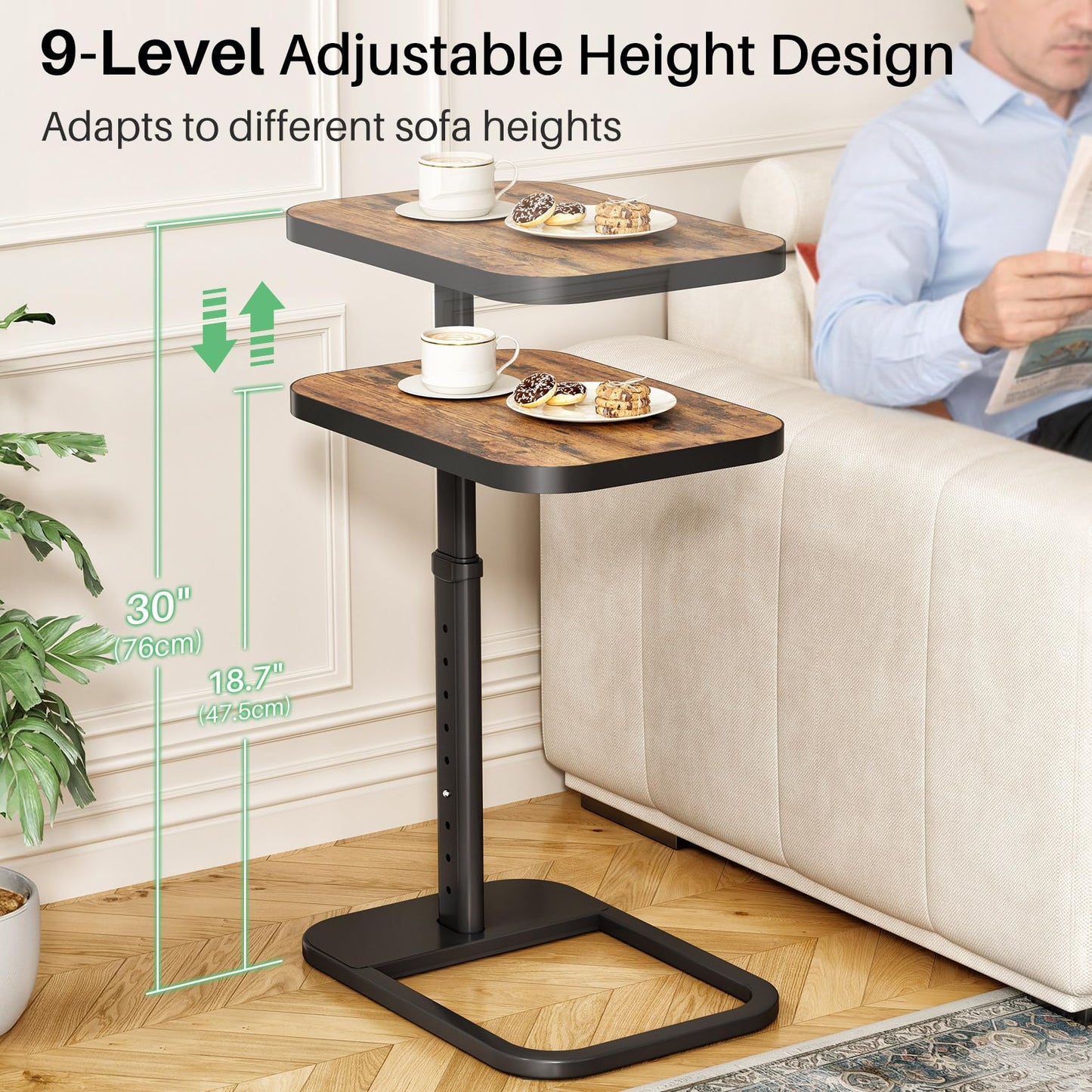 Kitstorack Adjustable Height C-Shaped End Table, 9-Level Side Table with Metal Rounded Edge, Couch Table that Slides Under Sofa or Bed for Eating, Working, and Drinks, TV Tray for Small Spaces, Brown