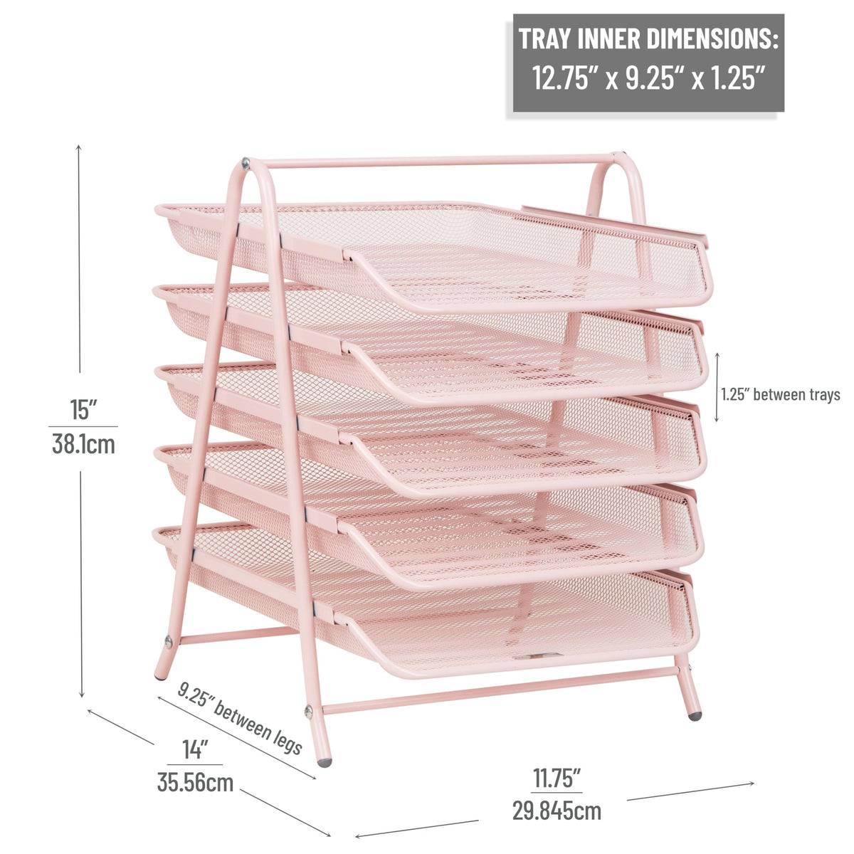 Mind Reader 5-Tier Paper Tray Organizer, Vertical Desktop File Storage Rack, Office, Metal Mesh, Pink