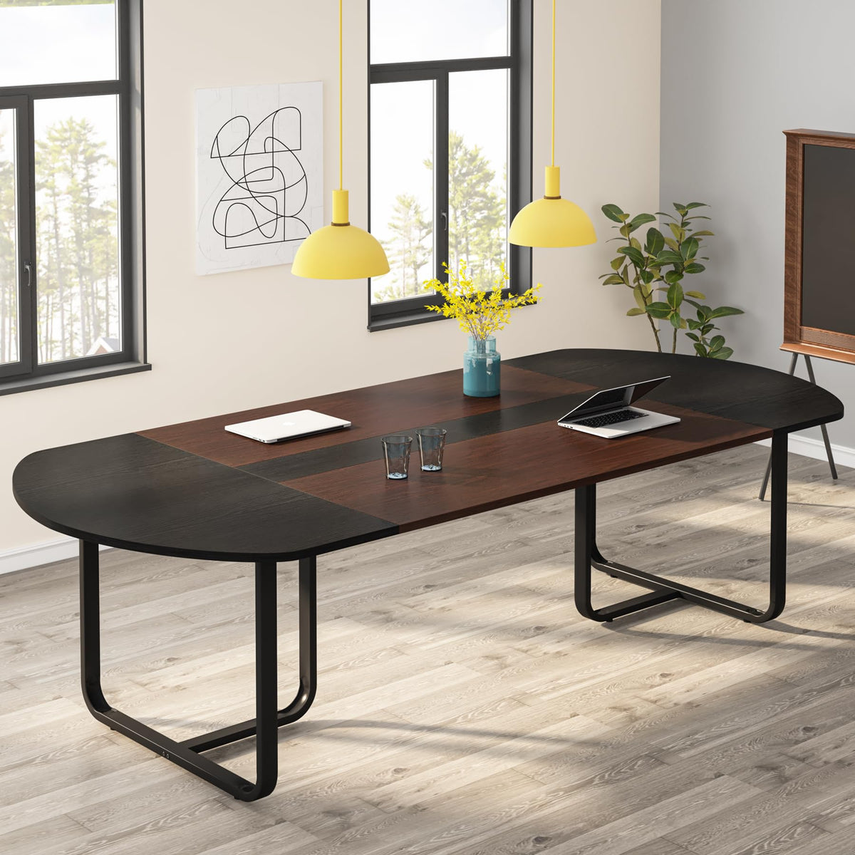 Tribesigns 6FT Oval Conference Table, 70.86" Curved Meeting Tables, Brown Blak Business Table,Two-Tone Finish Curved Meeting Tables for Office,Training Seminar Table for 4-6