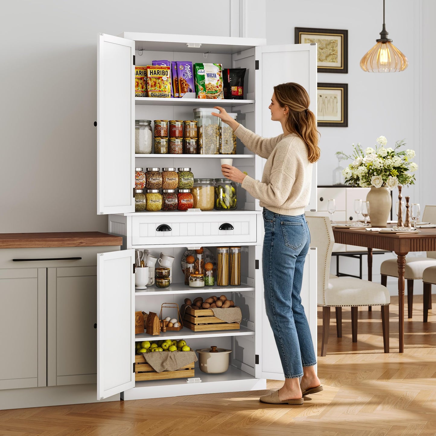 ARTPOWER 72" Tall Kitchen Pantry Storage Cabinet with Drawer and Adjustable Shelves, Pantry Cabinet for Kitchen, Bathroom or Hallway, White