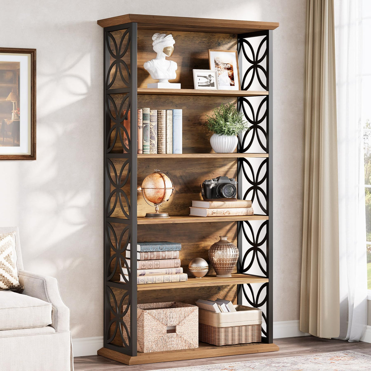 Tribesigns 6-Tier Tall Bookshelf, 71" Industrial Bookcase with Metal Frame, Freestanding Open Storage Shelves for Home Office, Living Room, Bedroom