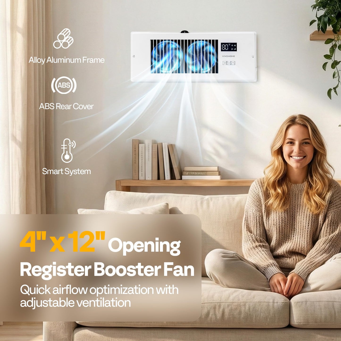 VIVOHOME Quiet Register Booster Fan with Opening 4" x 12" - Smart Thermostat, 10-Speed Control, Removable Dust-proof Mesh & Register Blocker, White