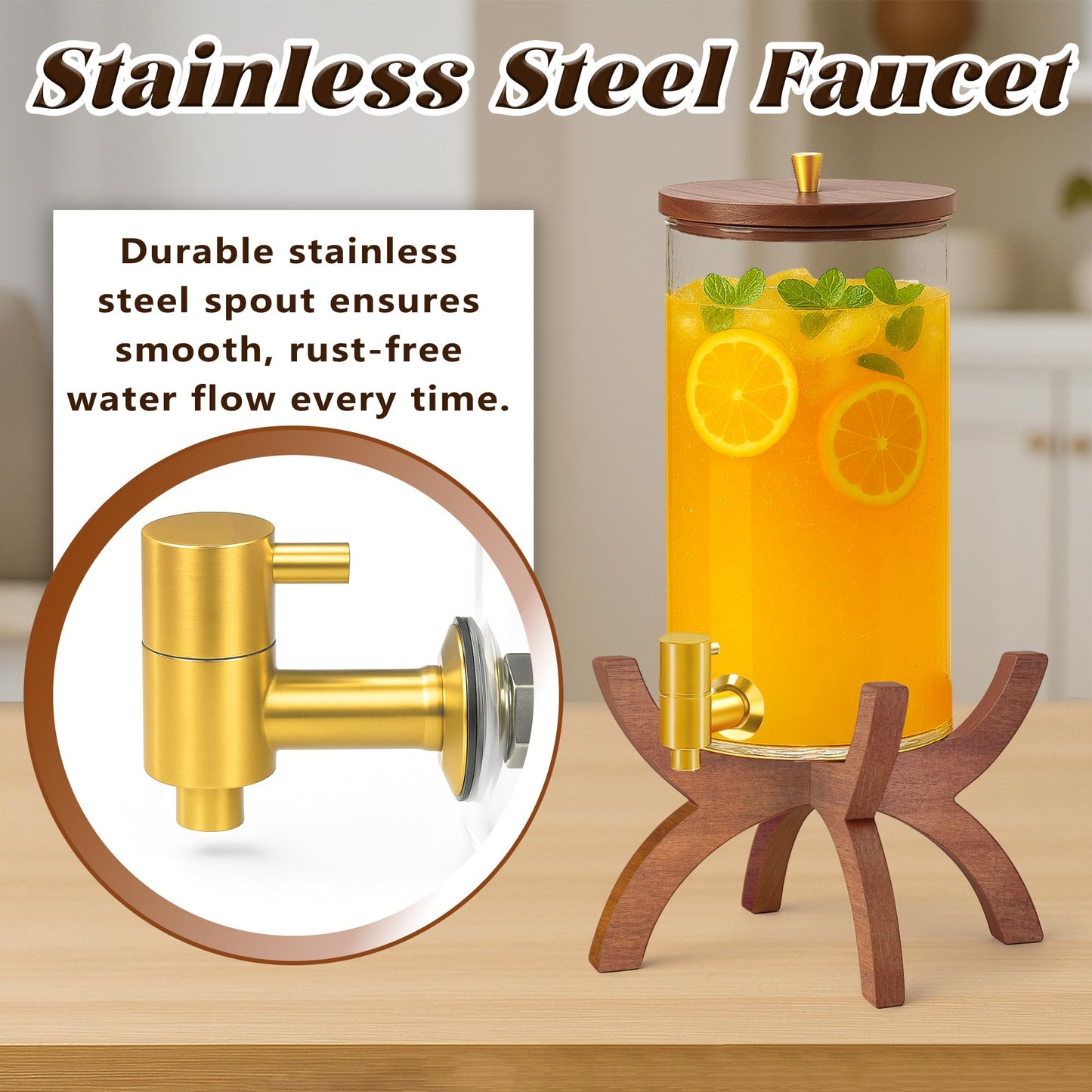 VERSSURE Glass Drink Dispenser,1.5 Gallon Beverage Dispenser with Stand,Lemonade Dispenser with Stainless Steel Faucet,Drink Dispensers for Parties, Bars and Home (Cross Stand)