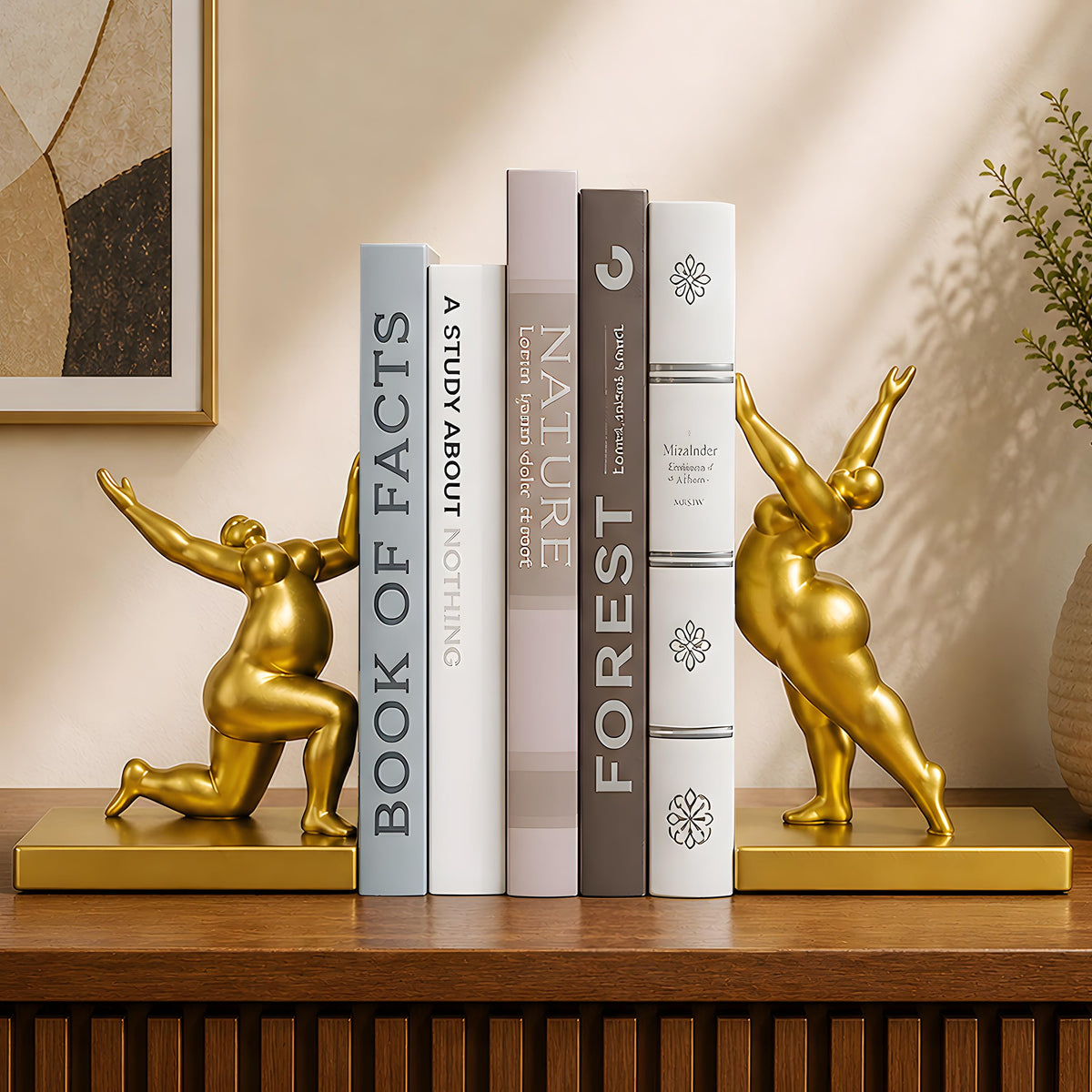 Decorative Bookends Set of 2 – Modern Sculptural Art Book Ends with Adjustable Magnetic Phone & Tablet Holder – Premium Resin with Metal Plate – Contemporary Home & Office Decor – Metallic Gold